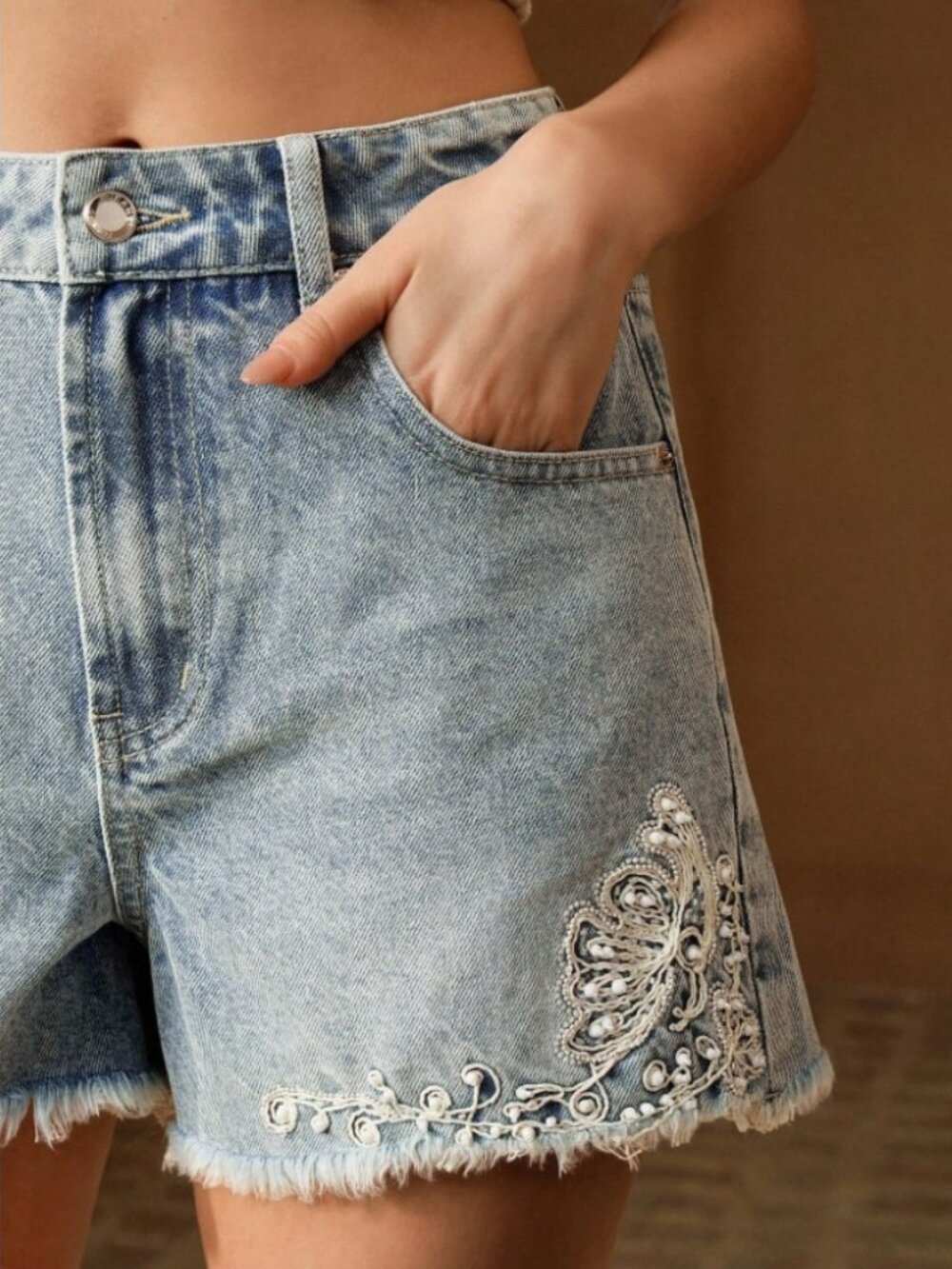 Chic Embroidered Denim Shorts – High-Waisted Boho Luxe Cutoffs - Picture 2 of 3